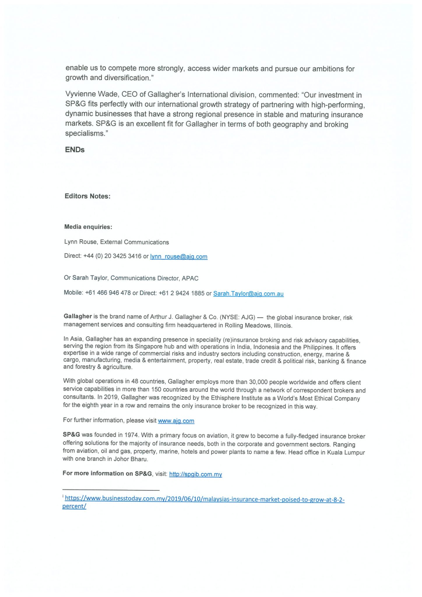 Partnership Announcement SP&G Gallagher Insurance Brokers Sdn. Bhd.