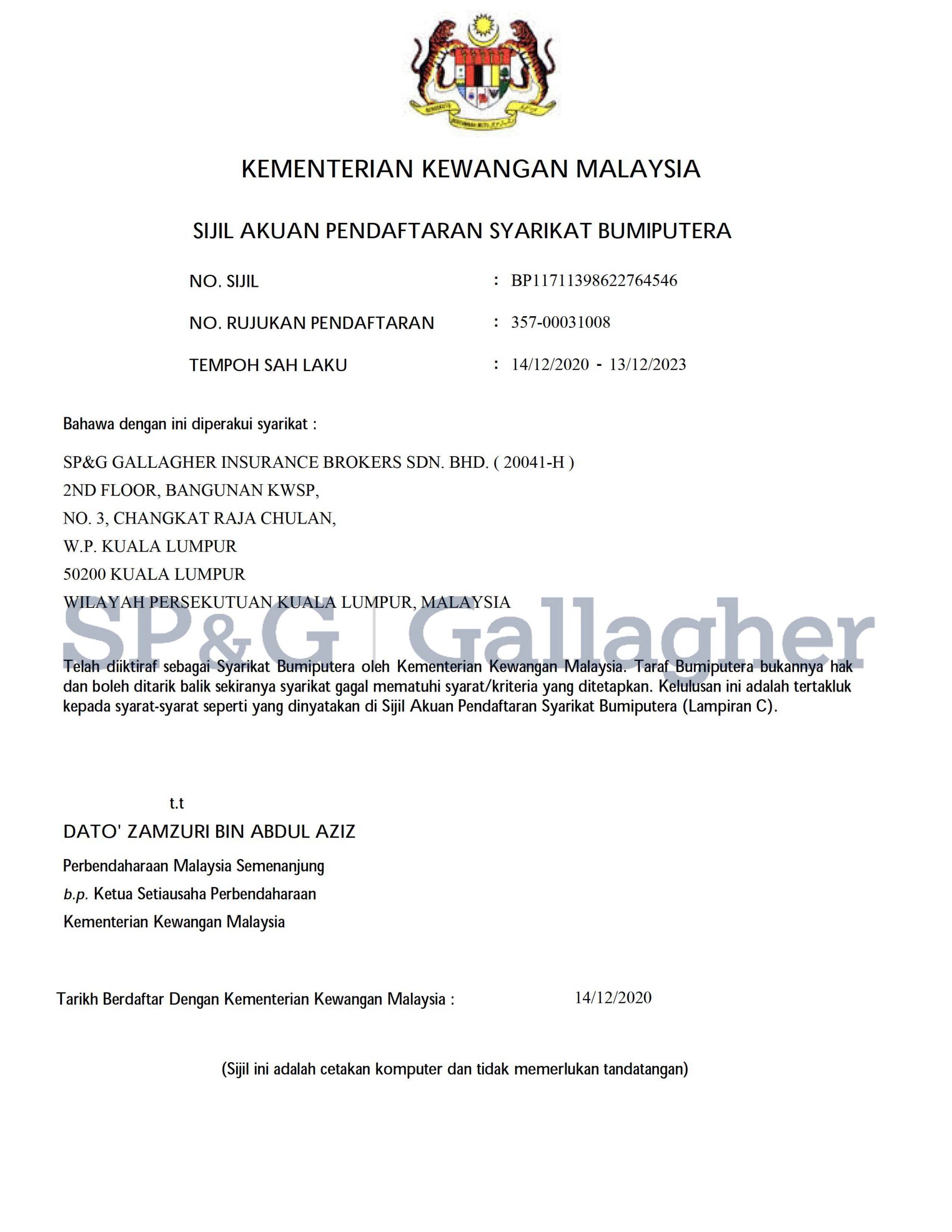 Licenses SP&G Gallagher Insurance Brokers Sdn. Bhd.